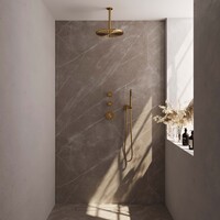 Brauer Brauer Gold Editon Regendoucheset:  Thermostatische Inbouwkraan met Stopkranen, Plafondarm, Douchekop 30cm, Wandhouder met Wateruitlaat, Staafhanddouche & Doucheslang - Set 6 - Draaiknoppen - PVD - Geborsteld Goud