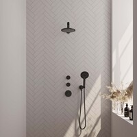Brauer Brauer Black Editon Regendoucheset:  Thermostatische Inbouwkraan met Stopkranen, Rechte Wandarm, Douchekop 20cm, Wandhouder met Wateruitlaat, 3-Standen Handdouche & Doucheslang - Set 7 - Draaiknoppen - Mat Zwart