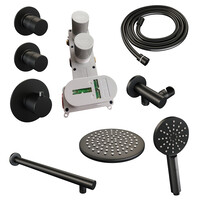 Brauer Brauer Black Editon Regendoucheset:  Thermostatische Inbouwkraan met Stopkranen, Rechte Wandarm, Douchekop 20cm, Wandhouder met Wateruitlaat, 3-Standen Handdouche & Doucheslang - Set 7 - Draaiknoppen - Mat Zwart
