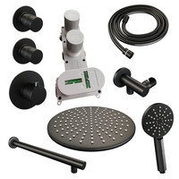 Brauer Brauer Black Editon Regendoucheset:  Thermostatische Inbouwkraan met Stopkranen, Rechte Wandarm, Douchekop 30cm, Wandhouder met Wateruitlaat, 3-Standen Handdouche & Doucheslang - Set 8 - Draaiknoppen - Mat Zwart