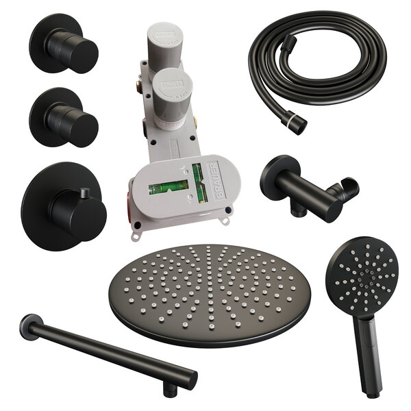 Brauer Brauer Black Editon Regendoucheset:  Thermostatische Inbouwkraan met Stopkranen, Rechte Wandarm, Douchekop 30cm, Wandhouder met Wateruitlaat, 3-Standen Handdouche & Doucheslang - Set 8 - Draaiknoppen - Mat Zwart