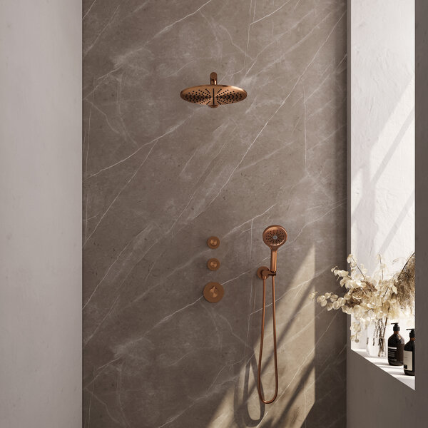 Brauer Brauer Copper Editon Regendoucheset:  Thermostatische Inbouwkraan met Stopkranen, Rechte Wandarm, Douchekop 30cm, Wandhouder met Wateruitlaat, 3-Standen Handdouche & Doucheslang - Set 8 - Draaiknoppen - PVD - Geborsteld Koper