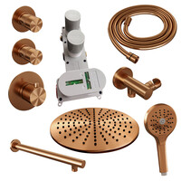 Brauer Brauer Copper Editon Regendoucheset:  Thermostatische Inbouwkraan met Stopkranen, Rechte Wandarm, Douchekop 30cm, Wandhouder met Wateruitlaat, 3-Standen Handdouche & Doucheslang - Set 8 - Draaiknoppen - PVD - Geborsteld Koper
