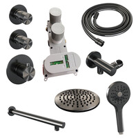 Brauer Brauer Gunmetal Editon Regendoucheset:  Thermostatische Inbouwkraan met Stopkranen, Rechte Wandarm, Douchekop 30cm, Wandhouder met Wateruitlaat, 3-Standen Handdouche & Doucheslang - Set 8 - Draaiknoppen - PVD - Geborsteld Gunmetal
