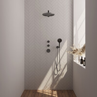 Brauer Brauer Gunmetal Editon Regendoucheset:  Thermostatische Inbouwkraan met Stopkranen, Rechte Wandarm, Douchekop 30cm, Wandhouder met Wateruitlaat, 3-Standen Handdouche & Doucheslang - Set 8 - Draaiknoppen - PVD - Geborsteld Gunmetal