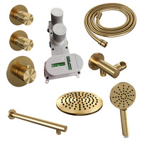 Brauer Brauer Gold Editon Regendoucheset:  Thermostatische Inbouwkraan met Stopkranen, Rechte Wandarm, Douchekop 30cm, Wandhouder met Wateruitlaat, 3-Standen Handdouche & Doucheslang - Set 8 - Draaiknoppen - PVD - Geborsteld Goud