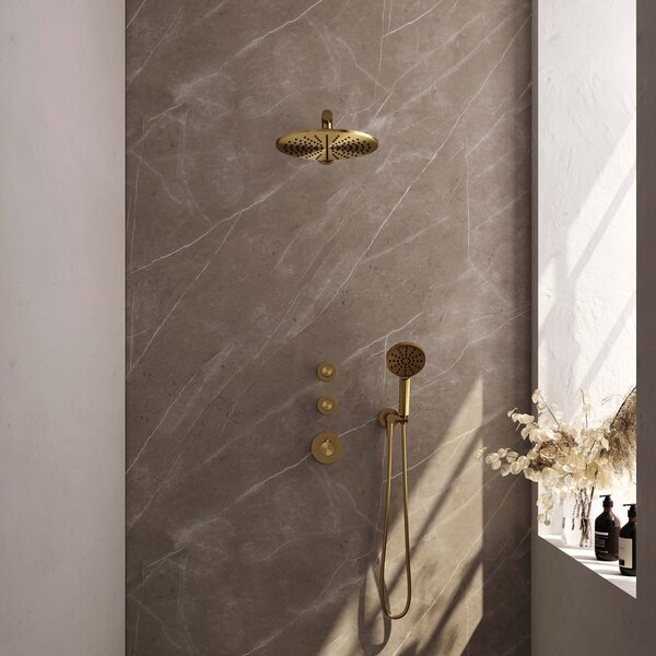 Brauer Brauer Gold Editon Regendoucheset:  Thermostatische Inbouwkraan met Stopkranen, Rechte Wandarm, Douchekop 30cm, Wandhouder met Wateruitlaat, 3-Standen Handdouche & Doucheslang - Set 8 - Draaiknoppen - PVD - Geborsteld Goud