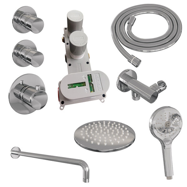 Brauer Brauer Chrome Editon Regendoucheset:  Thermostatische Inbouwkraan met Stopkranen, Gebogen Wandarm, Douchekop Ø20cm, Wandhouder met Wateruitlaat, 3-Standen Handdouche & Doucheslang - Set 9 - Draaiknoppen - Chroom