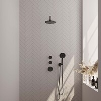 Brauer Brauer Black Editon Regendoucheset:  Thermostatische Inbouwkraan met Stopkranen, Gebogen Wandarm, Douchekop 20cm, Wandhouder met Wateruitlaat, 3-Standen Handdouche & Doucheslang - Set 9 - Draaiknoppen - Mat Zwart