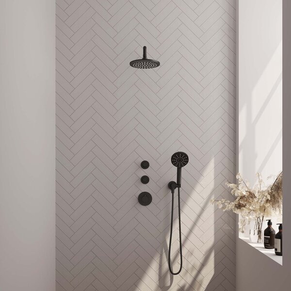 Brauer Brauer Black Editon Regendoucheset:  Thermostatische Inbouwkraan met Stopkranen, Gebogen Wandarm, Douchekop 20cm, Wandhouder met Wateruitlaat, 3-Standen Handdouche & Doucheslang - Set 9 - Draaiknoppen - Mat Zwart