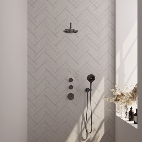 Brauer Brauer Gunmetal Editon Regendoucheset:  Thermostatische Inbouwkraan met Stopkranen, Gebogen Wandarm, Douchekop 20cm, Wandhouder met Wateruitlaat, 3-Standen Handdouche & Doucheslang - Set 9 - Draaiknoppen - PVD - Geborsteld Gunmetal