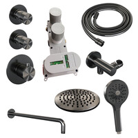 Brauer Brauer Gunmetal Editon Regendoucheset:  Thermostatische Inbouwkraan met Stopkranen, Gebogen Wandarm, Douchekop 20cm, Wandhouder met Wateruitlaat, 3-Standen Handdouche & Doucheslang - Set 9 - Draaiknoppen - PVD - Geborsteld Gunmetal