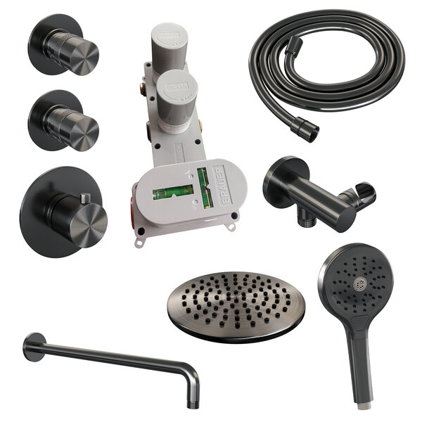 Brauer Brauer Gunmetal Editon Regendoucheset:  Thermostatische Inbouwkraan met Stopkranen, Gebogen Wandarm, Douchekop 20cm, Wandhouder met Wateruitlaat, 3-Standen Handdouche & Doucheslang - Set 9 - Draaiknoppen - PVD - Geborsteld Gunmetal