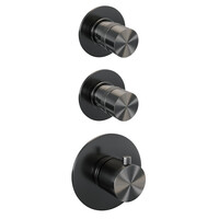 Brauer Brauer Gunmetal Editon Regendoucheset:  Thermostatische Inbouwkraan met Stopkranen, Gebogen Wandarm, Douchekop 20cm, Wandhouder met Wateruitlaat, 3-Standen Handdouche & Doucheslang - Set 9 - Draaiknoppen - PVD - Geborsteld Gunmetal