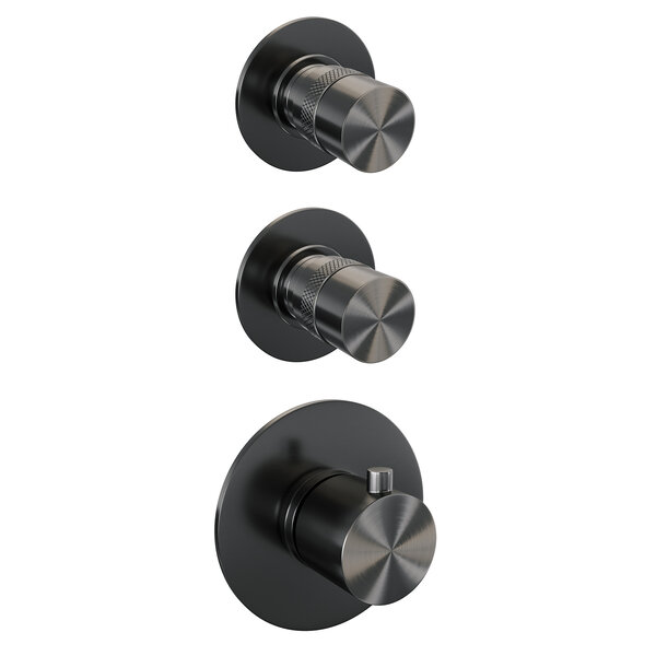 Brauer Brauer Gunmetal Editon Regendoucheset:  Thermostatische Inbouwkraan met Stopkranen, Gebogen Wandarm, Douchekop 20cm, Wandhouder met Wateruitlaat, 3-Standen Handdouche & Doucheslang - Set 9 - Draaiknoppen - PVD - Geborsteld Gunmetal