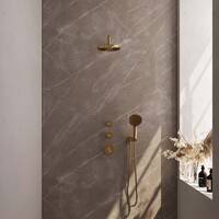 Brauer Brauer Gold Editon Regendoucheset:  Thermostatische Inbouwkraan met Stopkranen, Gebogen Wandarm, Douchekop 20cm, Wandhouder met Wateruitlaat, 3-Standen Handdouche & Doucheslang - Set 9 - Draaiknoppen - PVD - Geborsteld Goud