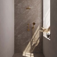 Brauer Brauer Gold Editon Regendoucheset:  Thermostatische Inbouwkraan met Stopkranen, Gebogen Wandarm, Douchekop 20cm, Wandhouder met Wateruitlaat, 3-Standen Handdouche & Doucheslang - Set 9 - Draaiknoppen - PVD - Geborsteld Goud