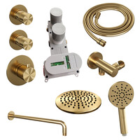 Brauer Brauer Gold Editon Regendoucheset:  Thermostatische Inbouwkraan met Stopkranen, Gebogen Wandarm, Douchekop 20cm, Wandhouder met Wateruitlaat, 3-Standen Handdouche & Doucheslang - Set 9 - Draaiknoppen - PVD - Geborsteld Goud