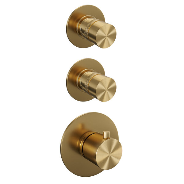 Brauer Brauer Gold Editon Regendoucheset:  Thermostatische Inbouwkraan met Stopkranen, Gebogen Wandarm, Douchekop Ø20cm, Wandhouder met Wateruitlaat, 3-Standen Handdouche & Doucheslang - Set 9 - Draaiknoppen - PVD - Geborsteld Goud