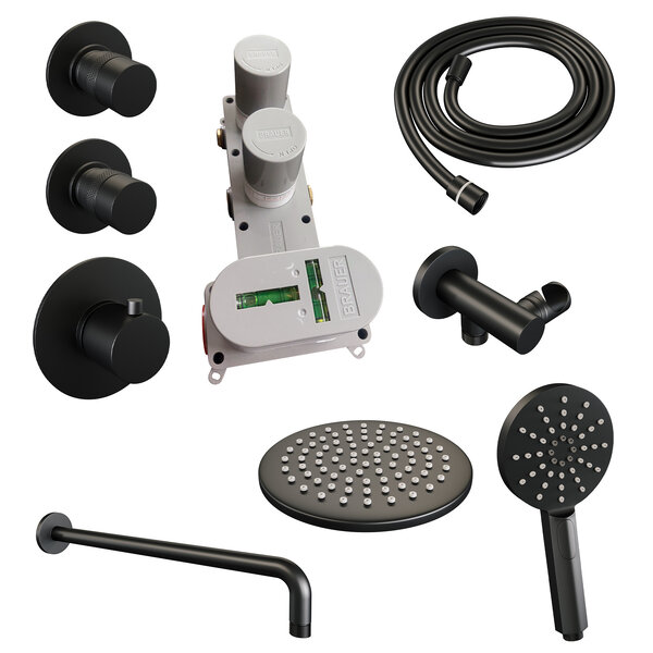 Brauer Brauer Black Editon Regendoucheset:  Thermostatische Inbouwkraan met Stopkranen, Gebogen Wandarm, Douchekop 30cm, Wandhouder met Wateruitlaat, 3-Standen Handdouche & Doucheslang - Set 10 - Draaiknoppen - Mat Zwart