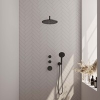 Brauer Brauer Black Editon Regendoucheset:  Thermostatische Inbouwkraan met Stopkranen, Gebogen Wandarm, Douchekop 30cm, Wandhouder met Wateruitlaat, 3-Standen Handdouche & Doucheslang - Set 10 - Draaiknoppen - Mat Zwart