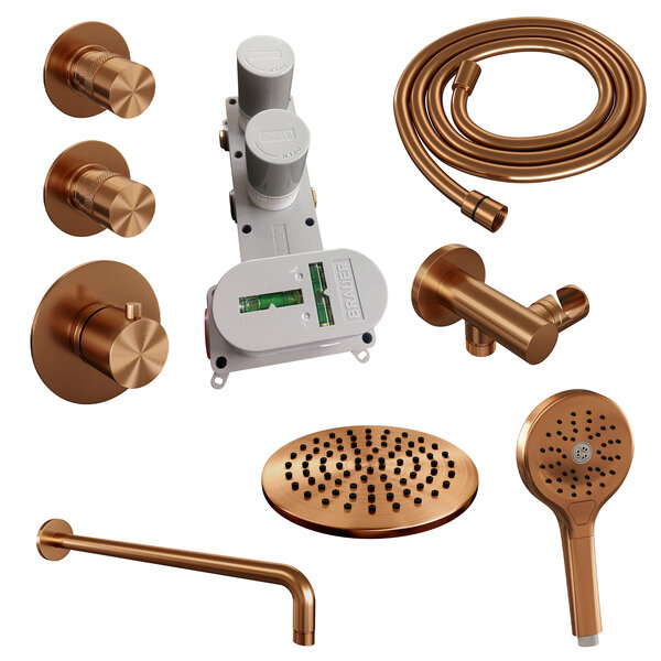 Brauer Brauer Copper Editon Regendoucheset:  Thermostatische Inbouwkraan met Stopkranen, Gebogen Wandarm, Douchekop Ø30cm, Wandhouder met Wateruitlaat, 3-Standen Handdouche & Doucheslang - Set 10 - Draaiknoppen - PVD - Geborsteld Koper