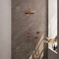 Brauer Brauer Copper Editon Regendoucheset:  Thermostatische Inbouwkraan met Stopkranen, Gebogen Wandarm, Douchekop 30cm, Wandhouder met Wateruitlaat, 3-Standen Handdouche & Doucheslang - Set 10 - Draaiknoppen - PVD - Geborsteld Koper