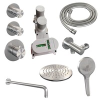 Brauer Brauer Brushed Editon Regendoucheset:  Thermostatische Inbouwkraan met Stopkranen, Gebogen Wandarm, Douchekop Ø30cm, Wandhouder met Wateruitlaat, 3-Standen Handdouche & Doucheslang - Set 10 - Draaiknoppen - PVD - Geborsteld RVS