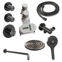 Brauer Brauer Gunmetal Editon Regendoucheset:  Thermostatische Inbouwkraan met Stopkranen, Gebogen Wandarm, Douchekop 30cm, Wandhouder met Wateruitlaat, 3-Standen Handdouche & Doucheslang - Set 10 - Draaiknoppen - PVD - Geborsteld Gunmetal