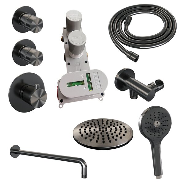 Brauer Brauer Gunmetal Editon Regendoucheset:  Thermostatische Inbouwkraan met Stopkranen, Gebogen Wandarm, Douchekop 30cm, Wandhouder met Wateruitlaat, 3-Standen Handdouche & Doucheslang - Set 10 - Draaiknoppen - PVD - Geborsteld Gunmetal