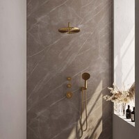 Brauer Brauer Gold Editon Regendoucheset:  Thermostatische Inbouwkraan met Stopkranen, Gebogen Wandarm, Douchekop 30cm, Wandhouder met Wateruitlaat, 3-Standen Handdouche & Doucheslang - Set 10 - Draaiknoppen - PVD - Geborsteld Goud