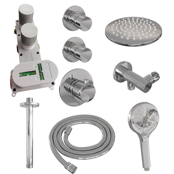 Brauer Brauer Chrome Editon Regendoucheset:  Thermostatische Inbouwkraan met Stopkranen, Plafondarm, Douchekop 20cm, Wandhouder met Wateruitlaat, 3-Standen Handdouche & Doucheslang - Set 11 - Draaiknoppen - Chroom