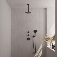 Brauer Brauer Black Editon Regendoucheset:  Thermostatische Inbouwkraan met Stopkranen, Plafondarm, Douchekop 20cm, Wandhouder met Wateruitlaat, 3-Standen Handdouche & Doucheslang - Set 11 - Draaiknoppen - Mat Zwart