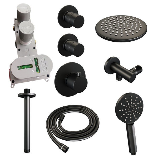Brauer Brauer Black Editon Regendoucheset:  Thermostatische Inbouwkraan met Stopkranen, Plafondarm, Douchekop 20cm, Wandhouder met Wateruitlaat, 3-Standen Handdouche & Doucheslang - Set 11 - Draaiknoppen - Mat Zwart