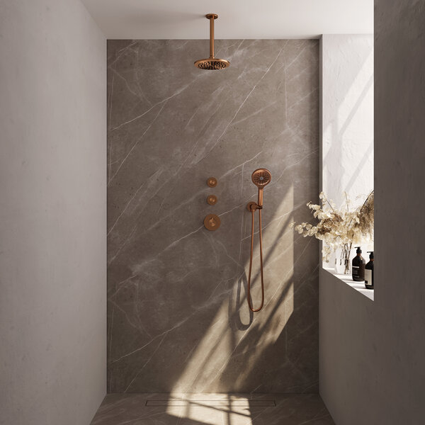 Brauer Brauer Copper Editon Regendoucheset:  Thermostatische Inbouwkraan met Stopkranen, Plafondarm, Douchekop 20cm, Wandhouder met Wateruitlaat, 3-Standen Handdouche & Doucheslang - Set 11 - Draaiknoppen - PVD - Geborsteld Koper