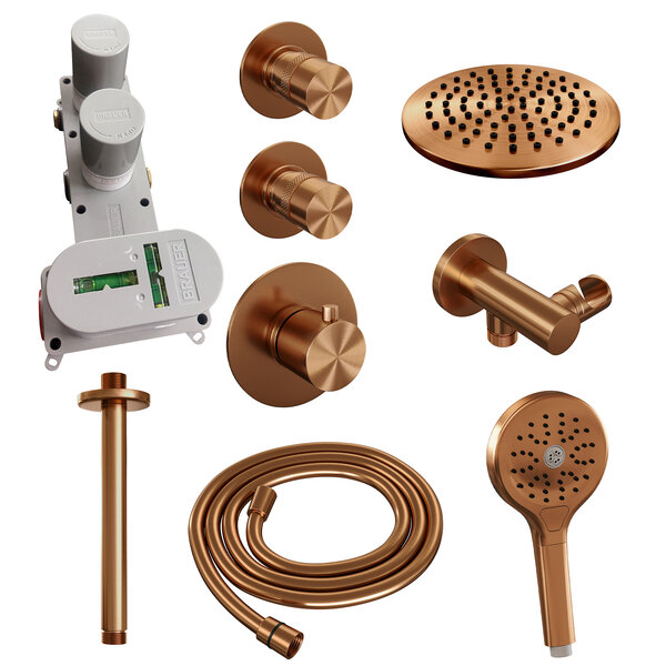 Brauer Brauer Copper Editon Regendoucheset:  Thermostatische Inbouwkraan met Stopkranen, Plafondarm, Douchekop 20cm, Wandhouder met Wateruitlaat, 3-Standen Handdouche & Doucheslang - Set 11 - Draaiknoppen - PVD - Geborsteld Koper