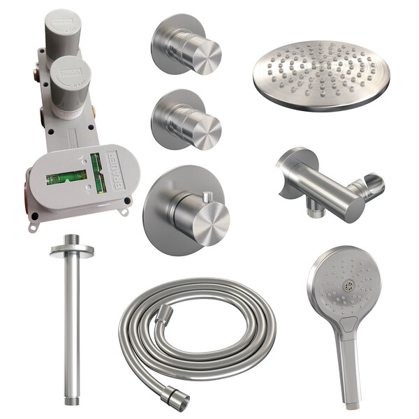 Brauer Brauer Brushed Editon Regendoucheset:  Thermostatische Inbouwkraan met Stopkranen, Plafondarm, Douchekop Ø20cm, Wandhouder met Wateruitlaat, 3-Standen Handdouche & Doucheslang - Set 11 - Draaiknoppen - PVD - Geborsteld RVS