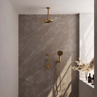 Brauer Brauer Gold Editon Regendoucheset:  Thermostatische Inbouwkraan met Stopkranen, Plafondarm, Douchekop 20cm, Wandhouder met Wateruitlaat, 3-Standen Handdouche & Doucheslang - Set 11 - Draaiknoppen - PVD - Geborsteld Goud