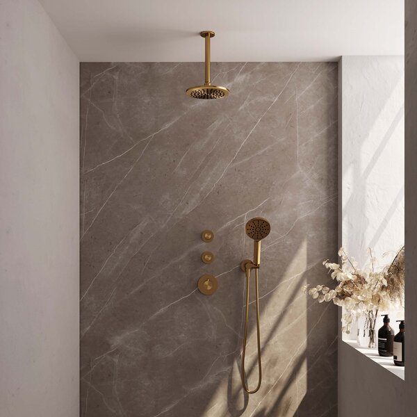 Brauer Brauer Gold Editon Regendoucheset:  Thermostatische Inbouwkraan met Stopkranen, Plafondarm, Douchekop 20cm, Wandhouder met Wateruitlaat, 3-Standen Handdouche & Doucheslang - Set 11 - Draaiknoppen - PVD - Geborsteld Goud
