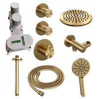 Brauer Brauer Gold Editon Regendoucheset:  Thermostatische Inbouwkraan met Stopkranen, Plafondarm, Douchekop Ø30cm, Wandhouder met Wateruitlaat, 3-Standen Handdouche & Doucheslang - Set 12 - Draaiknoppen - PVD - Geborsteld Goud