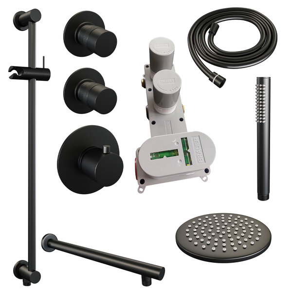 Brauer Brauer Black Editon Regendoucheset:  Thermostatische Inbouwkraan met Stopkranen, Rechte Wandarm, Douchekop 20cm, Glijstang met Wateruitlaat, Staafhanddouche & Doucheslang - Set 13 - Draaiknoppen - Mat Zwart