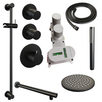 Brauer Brauer Black Editon Regendoucheset:  Thermostatische Inbouwkraan met Stopkranen, Rechte Wandarm, Douchekop 30cm, Glijstang met Wateruitlaat, Staafhanddouche & Doucheslang - Set 14 - Draaiknoppen - Mat Zwart