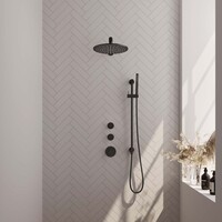 Brauer Brauer Black Editon Regendoucheset:  Thermostatische Inbouwkraan met Stopkranen, Rechte Wandarm, Douchekop 30cm, Glijstang met Wateruitlaat, Staafhanddouche & Doucheslang - Set 14 - Draaiknoppen - Mat Zwart