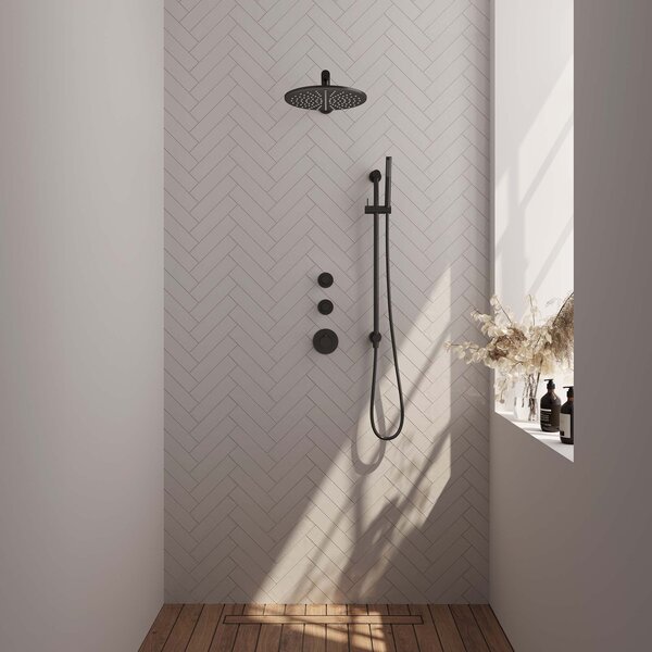 Brauer Brauer Black Editon Regendoucheset:  Thermostatische Inbouwkraan met Stopkranen, Rechte Wandarm, Douchekop 30cm, Glijstang met Wateruitlaat, Staafhanddouche & Doucheslang - Set 14 - Draaiknoppen - Mat Zwart