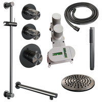 Brauer Brauer Gunmetal Editon Regendoucheset:  Thermostatische Inbouwkraan met Stopkranen, Rechte Wandarm, Douchekop 30cm, Glijstang met Wateruitlaat, Staafhanddouche & Doucheslang - Set 14 - Draaiknoppen - PVD - Geborsteld Gunmetal