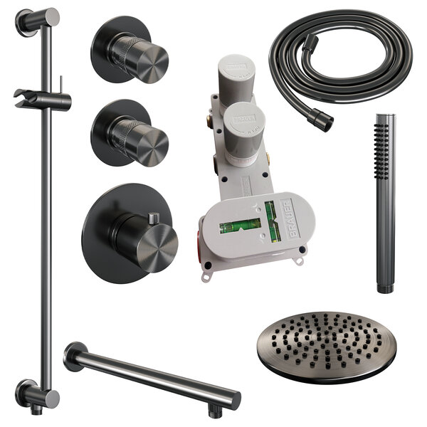 Brauer Brauer Gunmetal Editon Regendoucheset:  Thermostatische Inbouwkraan met Stopkranen, Rechte Wandarm, Douchekop 30cm, Glijstang met Wateruitlaat, Staafhanddouche & Doucheslang - Set 14 - Draaiknoppen - PVD - Geborsteld Gunmetal