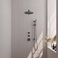 Brauer Brauer Gunmetal Editon Regendoucheset:  Thermostatische Inbouwkraan met Stopkranen, Rechte Wandarm, Douchekop 30cm, Glijstang met Wateruitlaat, Staafhanddouche & Doucheslang - Set 14 - Draaiknoppen - PVD - Geborsteld Gunmetal