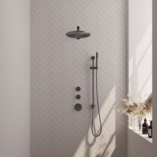 Brauer Brauer Gunmetal Editon Regendoucheset:  Thermostatische Inbouwkraan met Stopkranen, Rechte Wandarm, Douchekop 30cm, Glijstang met Wateruitlaat, Staafhanddouche & Doucheslang - Set 14 - Draaiknoppen - PVD - Geborsteld Gunmetal