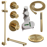 Brauer Brauer Gold Editon Regendoucheset:  Thermostatische Inbouwkraan met Stopkranen, Rechte Wandarm, Douchekop 30cm, Glijstang met Wateruitlaat, Staafhanddouche & Doucheslang - Set 14 - Draaiknoppen - PVD - Geborsteld Goud