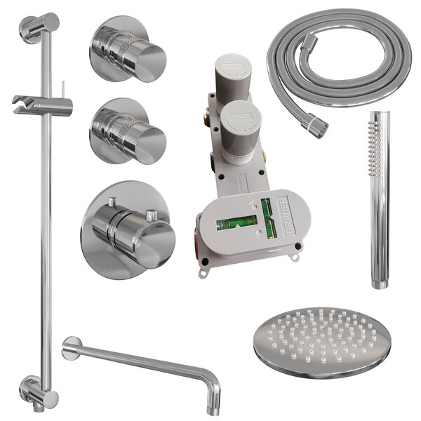 Brauer Brauer Chrome Editon Regendoucheset:  Thermostatische Inbouwkraan met Stopkranen, Gebogen Wandarm, Douchekop Ø20cm, Glijstang met Wateruitlaat, Staafhanddouche & Doucheslang - Set 15 - Draaiknoppen - Chroom